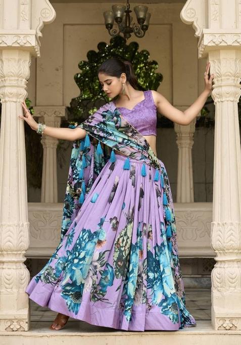 Lavender Printed Silk Lehenga Set