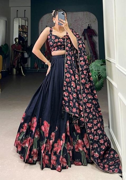 Black Printed Silk Lehenga Set