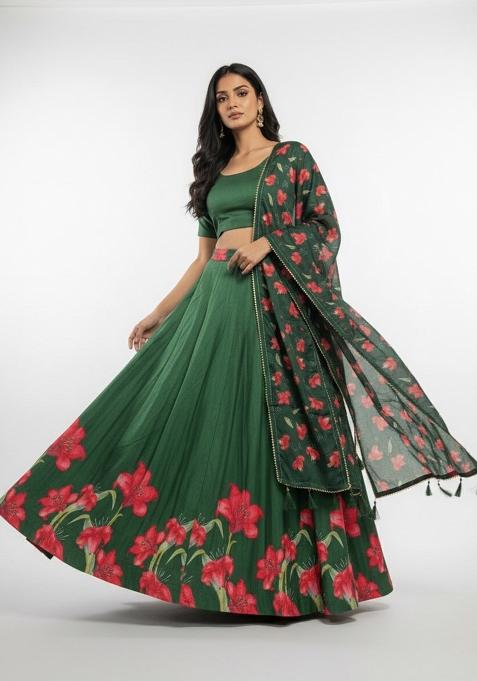 Green Printed Silk Lehenga Set