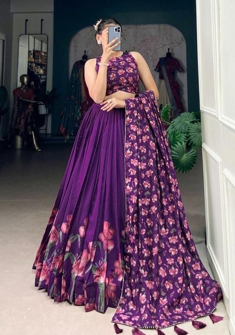 Purple Printed Silk Lehenga Set