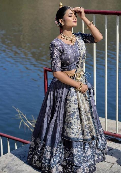 Blue Printed Silk Lehenga Set