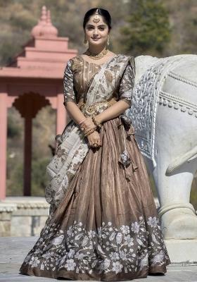 Brown Printed Silk Lehenga Set