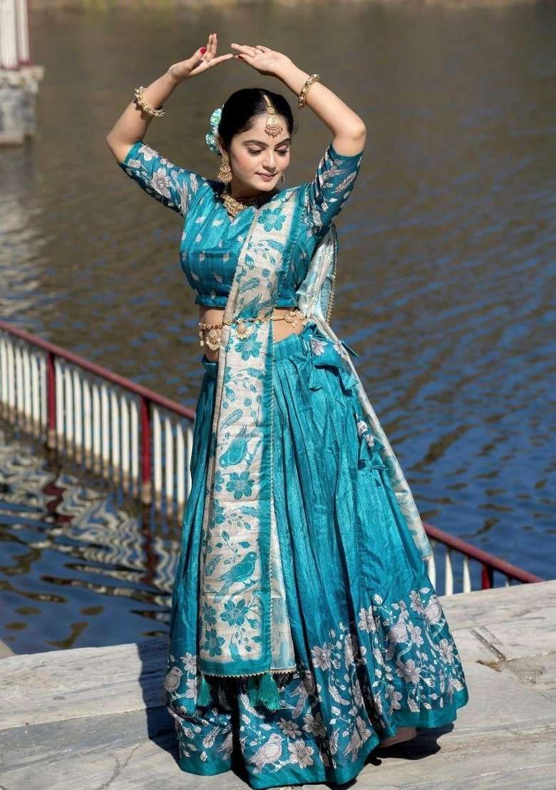 Firozi Silk Lehenga Set with Printed for Diwali | Wedding & Festive Wear - Indya