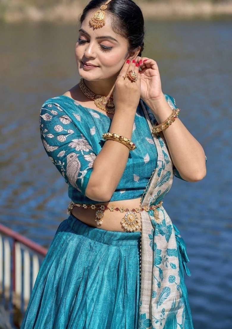 Firozi Silk Lehenga Set with Printed for Diwali | Wedding & Festive Wear - Indya