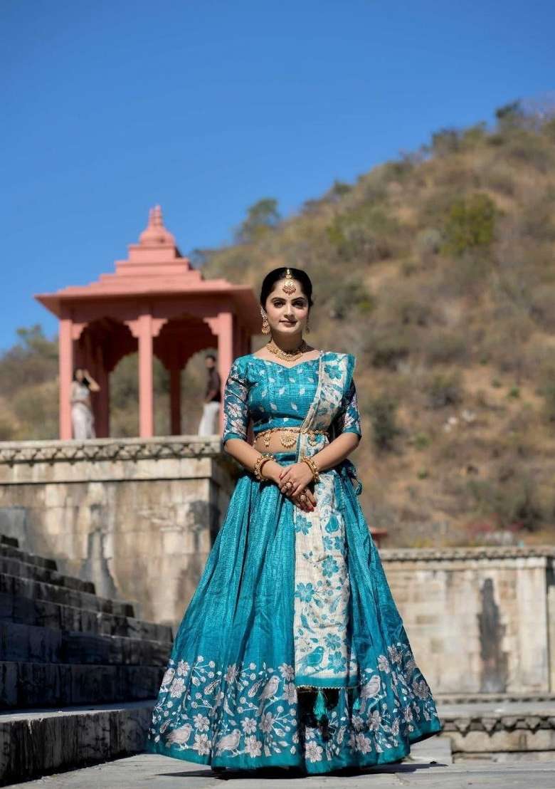 Firozi Silk Lehenga Set with Printed for Diwali | Wedding & Festive Wear - Indya
