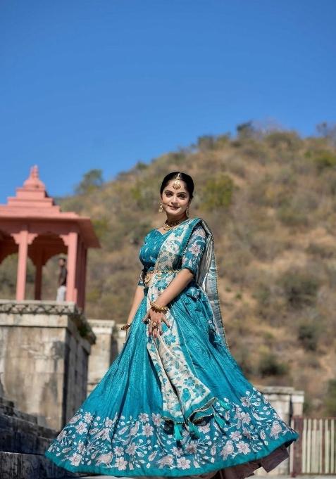 Firozi Printed Silk Lehenga Set