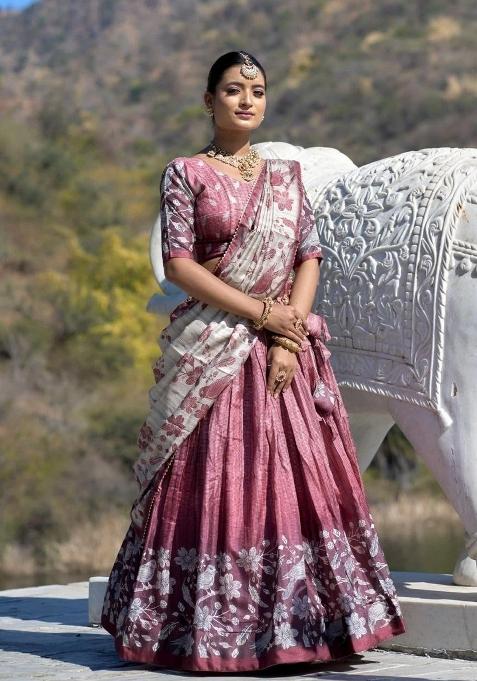 Pink Printed Silk Lehenga Set