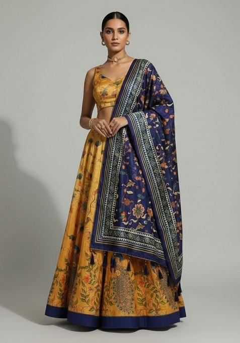 Yellow Printed Silk Lehenga Set