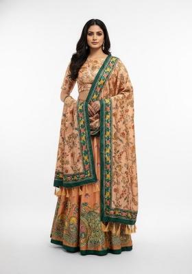 Peach Printed Silk Lehenga Set