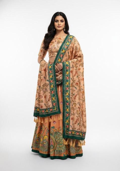 Peach Printed Silk Lehenga Set