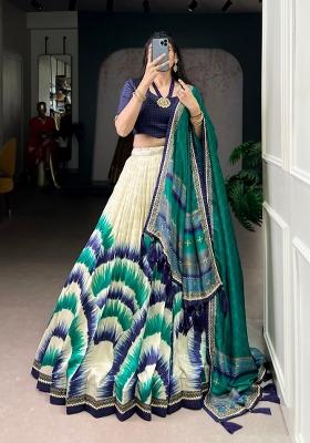 Blue Printed Silk Lehenga Set