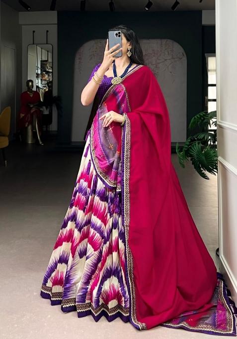 Purple Printed Silk Lehenga Set