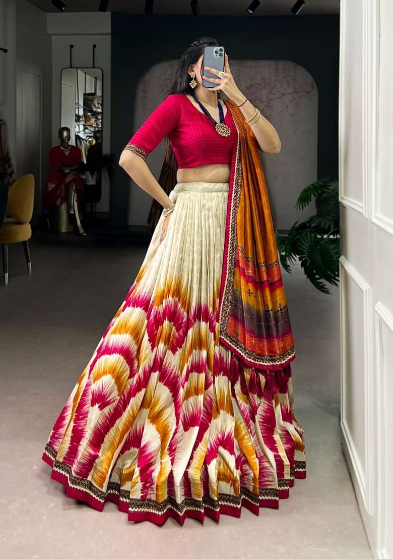 Red Printed Silk Lehenga Set for Diwali and Festive Wear - Indya