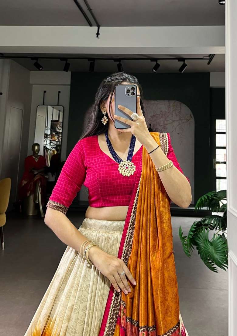 Red Printed Silk Lehenga Set for Diwali and Festive Wear - Indya