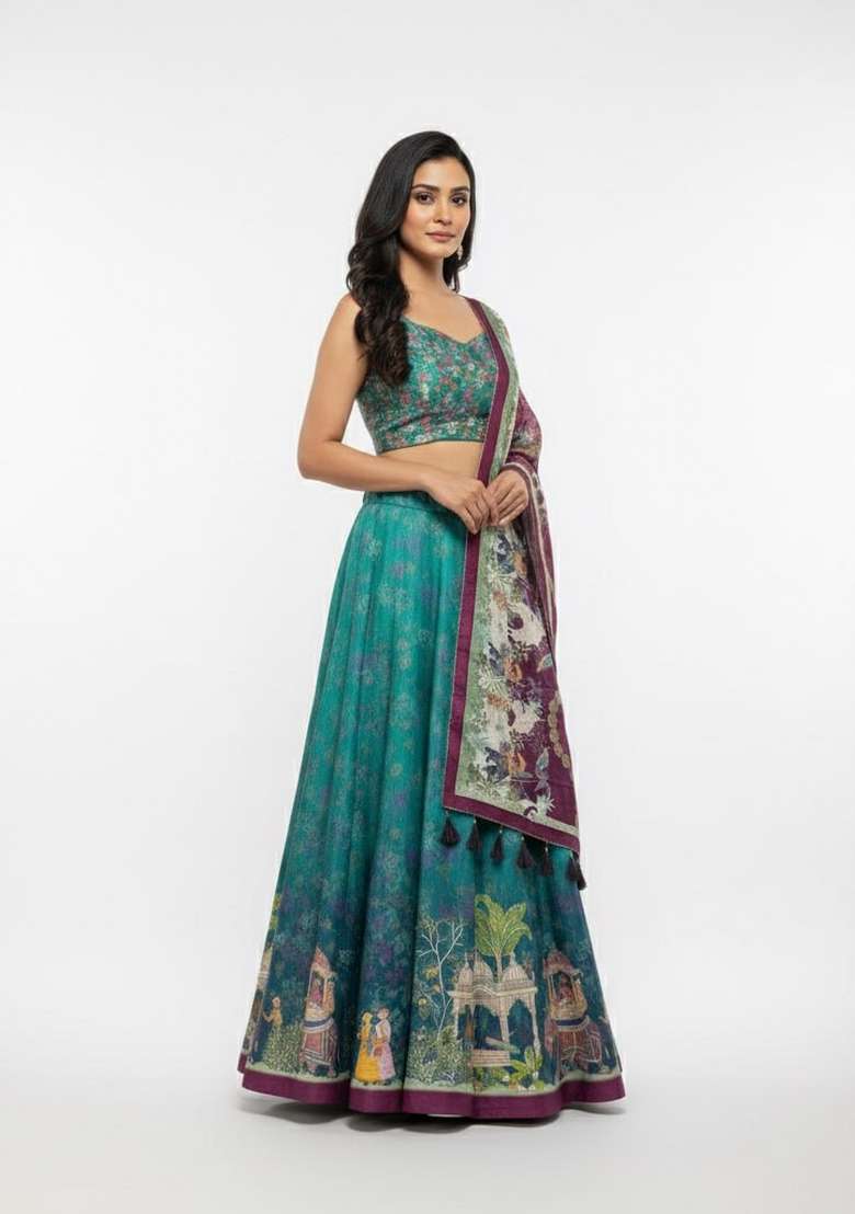 Firozi Silk Lehenga Set with Printed for Diwali | Wedding & Festive Wear - Indya