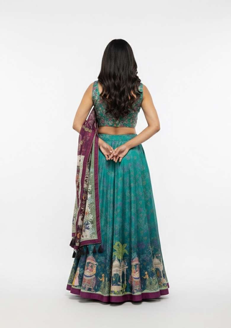 Firozi Silk Lehenga Set with Printed for Diwali | Wedding & Festive Wear - Indya