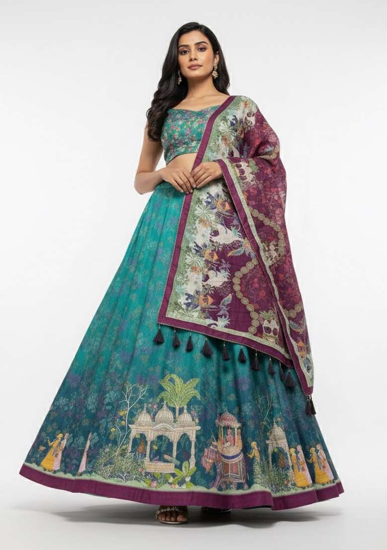Firozi Silk Lehenga Set with Printed for Diwali | Wedding & Festive Wear - Indya