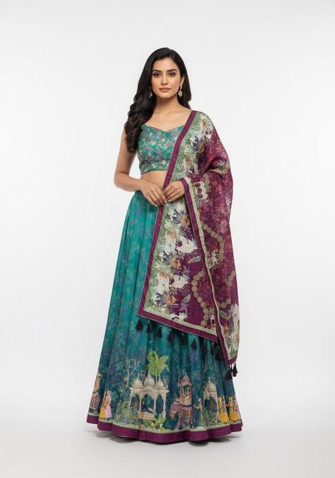 Firozi Printed Silk Lehenga Set