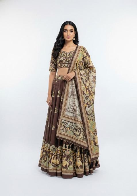 Coffee Printed Silk Lehenga Set