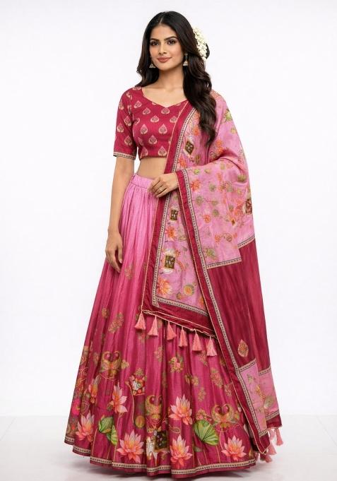 Pink Printed Silk Lehenga Set