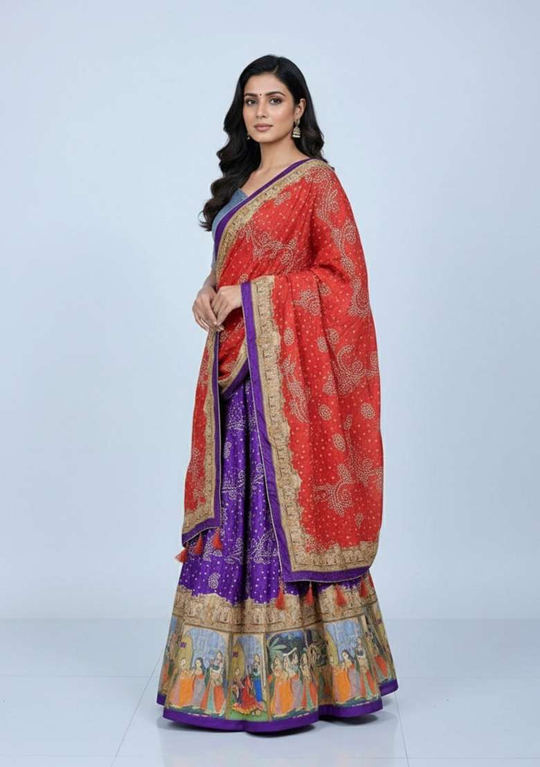 Purple Printed Silk Lehenga Set for Diwali and Festive Wear - Indya