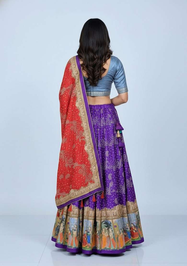 Purple Printed Silk Lehenga Set for Diwali and Festive Wear - Indya
