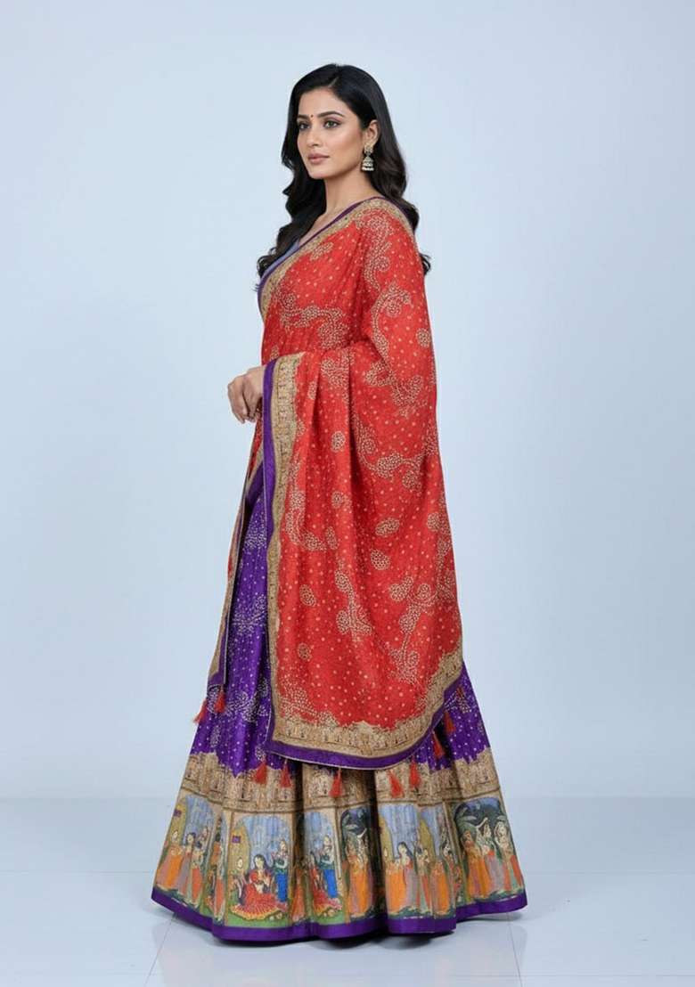 Purple Printed Silk Lehenga Set for Diwali and Festive Wear - Indya
