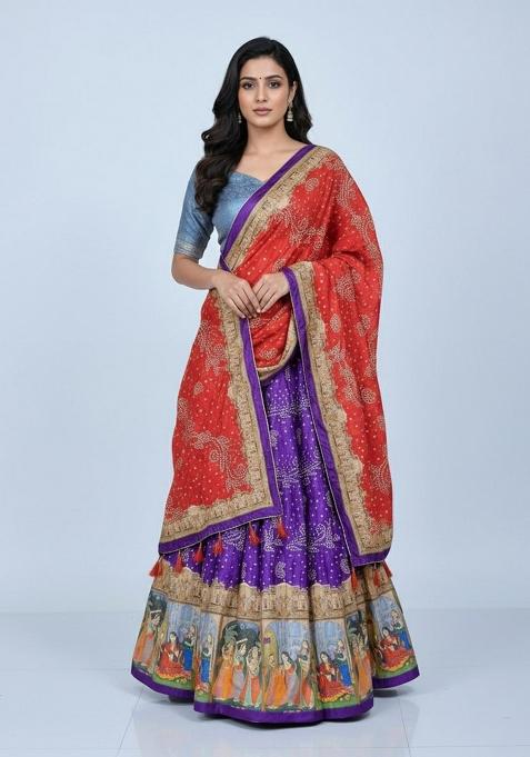 Purple Printed Silk Lehenga Set