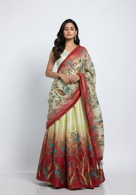 Beige Printed Silk Lehenga Set