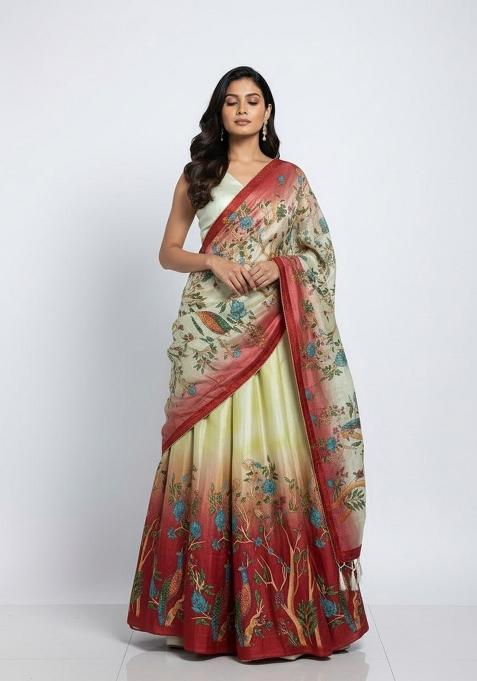 Beige Printed Silk Lehenga Set