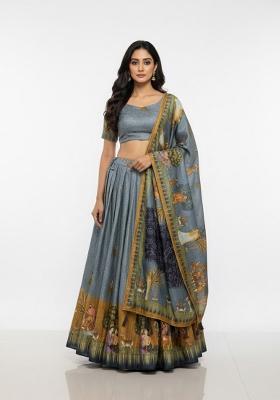 Grey Printed Silk Lehenga Set