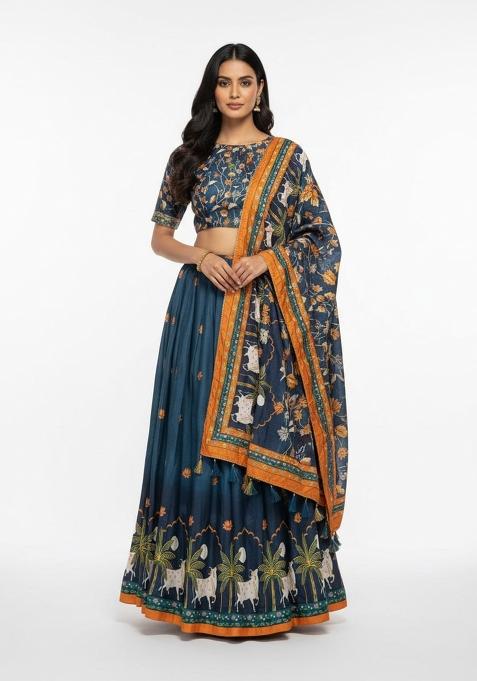 Blue Printed Silk Lehenga Set