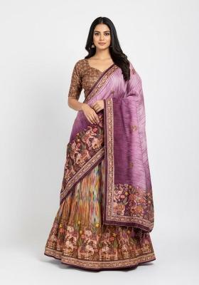 Purple Printed Silk Lehenga Set