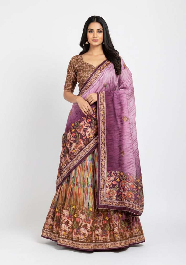 Purple Printed Silk Lehenga Set for Diwali and Festive Wear - Indya