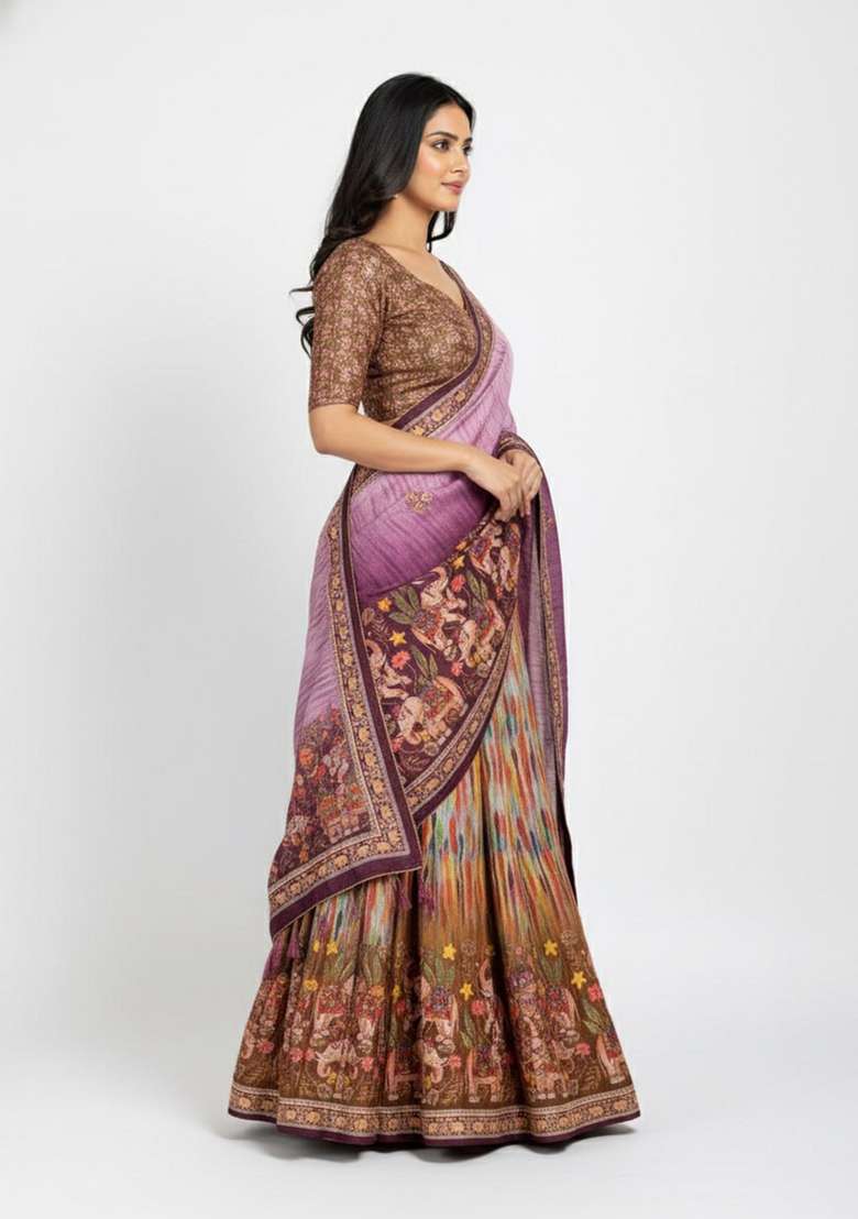 Purple Printed Silk Lehenga Set for Diwali and Festive Wear - Indya