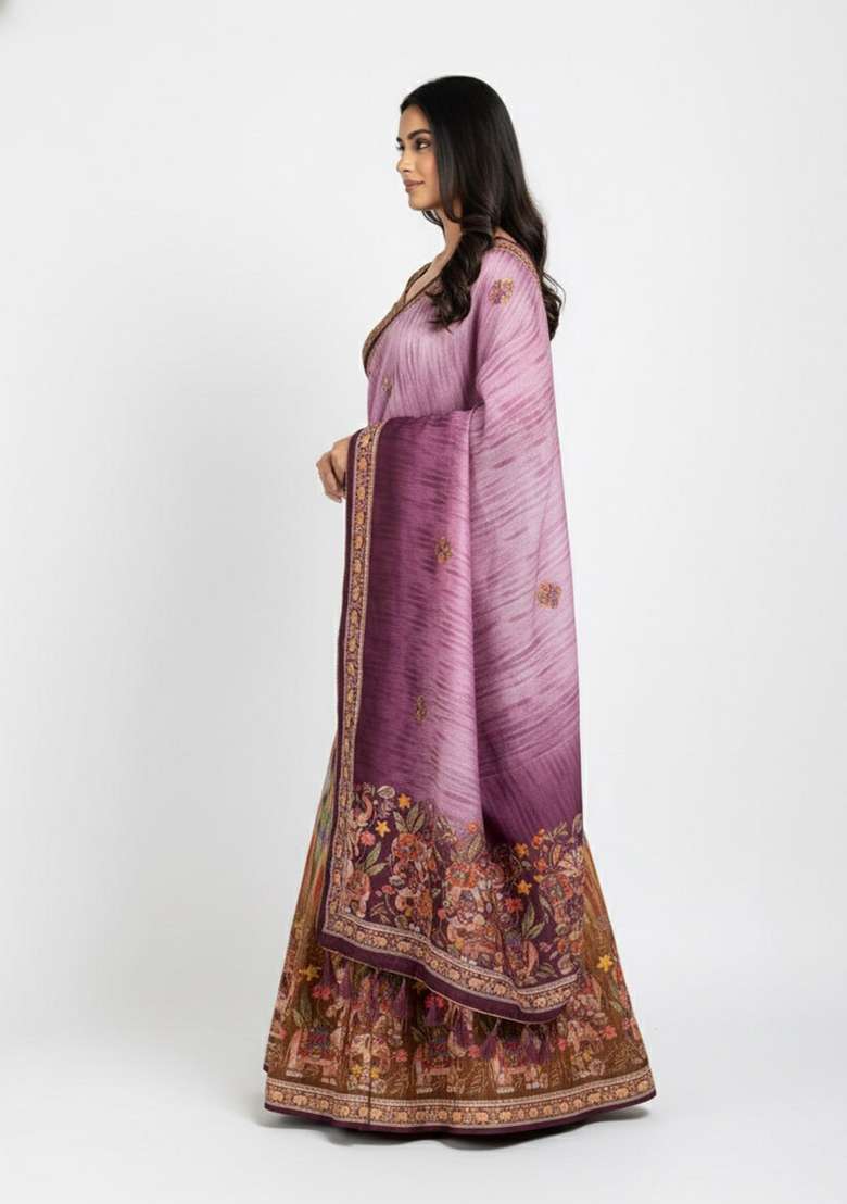 Purple Printed Silk Lehenga Set for Diwali and Festive Wear - Indya