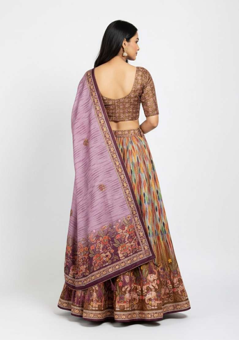 Purple Printed Silk Lehenga Set for Diwali and Festive Wear - Indya