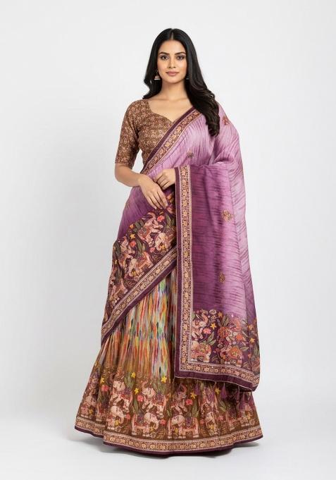 Purple Printed Silk Lehenga Set