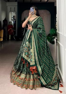 Green Printed Silk Lehenga Set