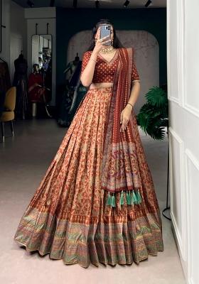 Orange Printed Silk Lehenga Set