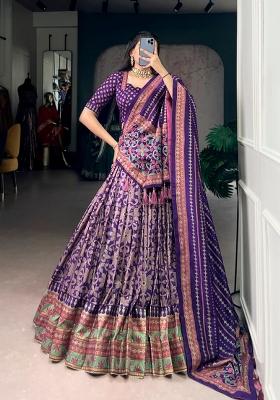 Purple Printed Silk Lehenga Set