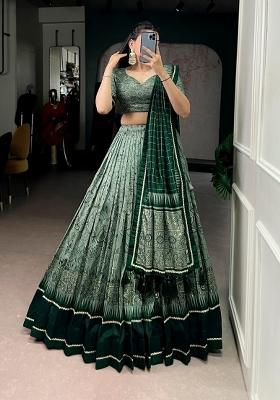 Green Printed Silk Lehenga Set