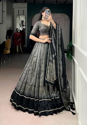 Grey Printed Silk Lehenga Set