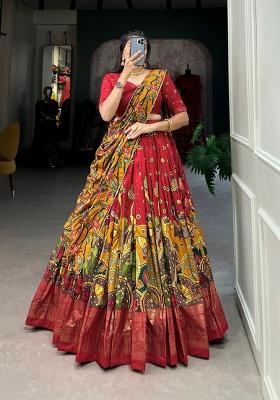 Red Printed Silk Lehenga Set