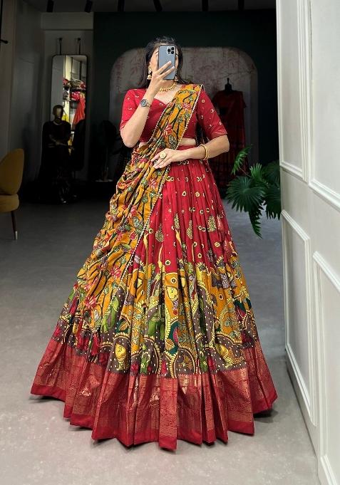 Red Printed Silk Lehenga Set