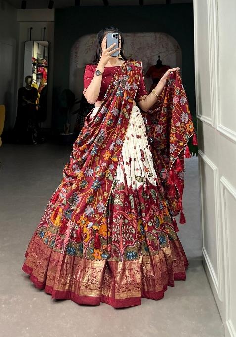 White Printed Silk Lehenga Set