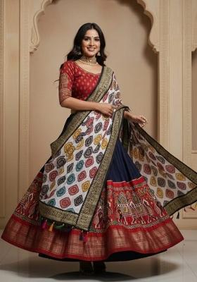 Blue Printed Silk Lehenga Set