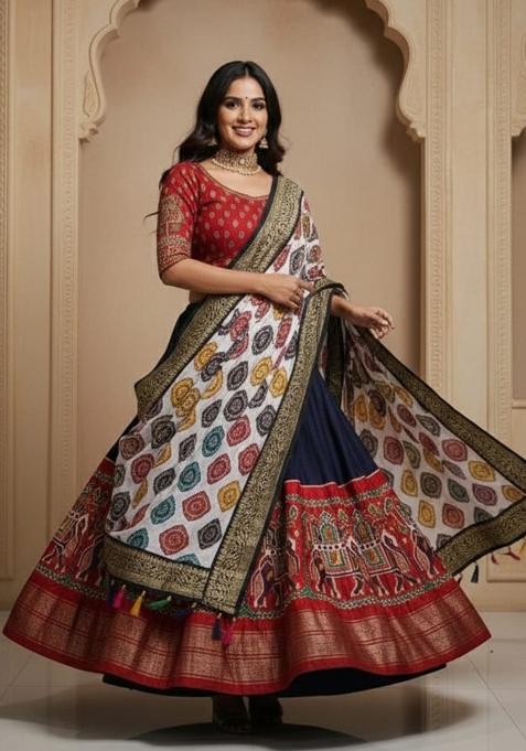 Blue Printed Silk Lehenga Set
