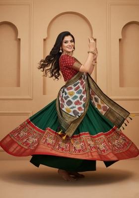 Green Printed Silk Lehenga Set