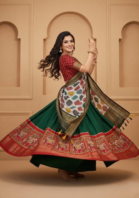 Green Printed Silk Lehenga Set